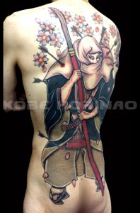 武蔵坊弁慶と桜花の刺青、和彫り(Japanese Tattoo)画像