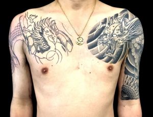 龍と鳳凰(※龍の頭にリスザル)の刺青、和彫り(Japanese Tattoo)画像