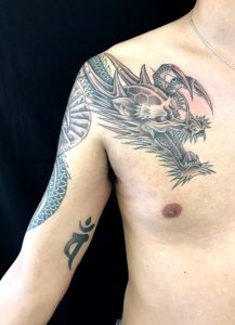 阿形の龍と梵字隠し彫りの刺青、和彫り(Japanese Tattoo)画像