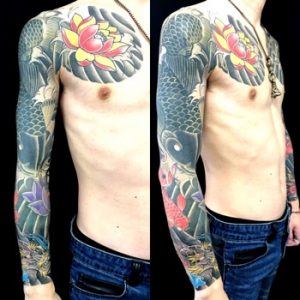登り鯉・昇龍・蓮※カバーアップの刺青、和彫り(Japanese Tattoo)画像