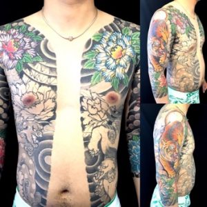 胸割り八分袖の刺青、和彫り(Japanese Tattoo)画像