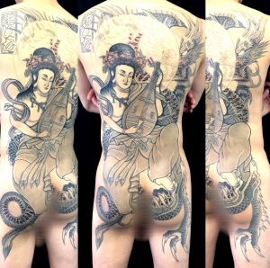 弁財天と正面龍の刺青、和彫り(Japanese Tattoo)の画像