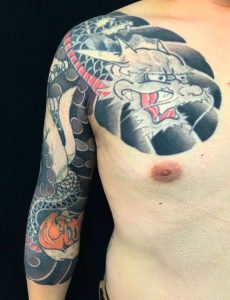 龍・狐・ひょっとこ・おかめ ※リメイクの刺青、和彫り(Japanese Tattoo)の画像です。