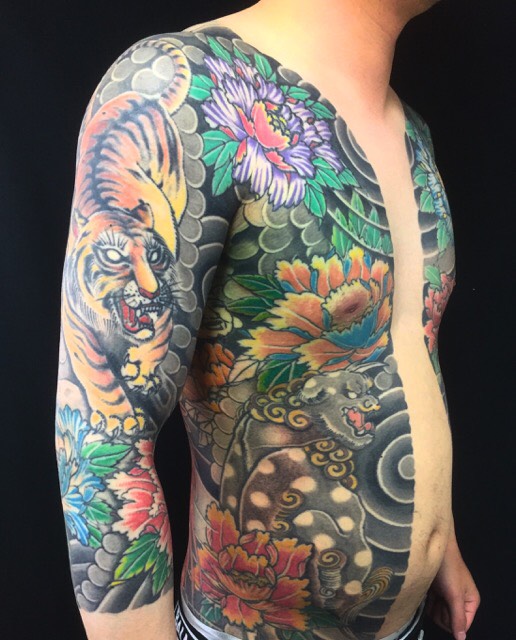 胸割り七分袖(唐獅子牡丹・虎の刺青、和彫り(Japanese Tattoo)の画像
