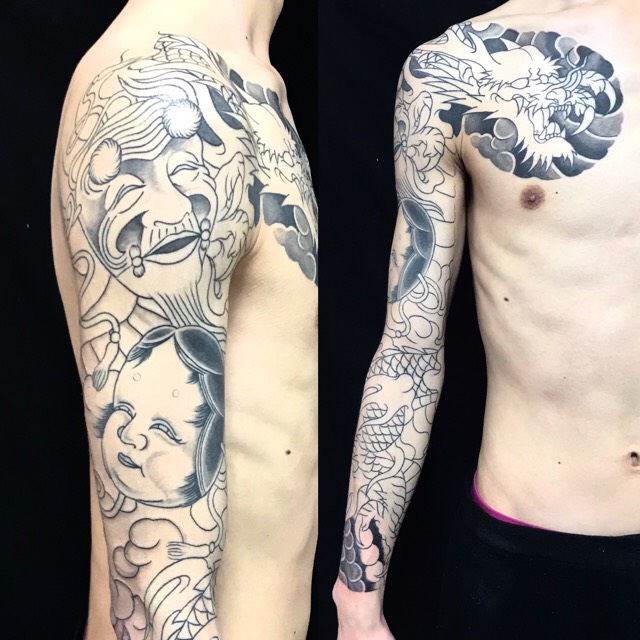龍・翁・オカメの刺青、和彫り(Japanese Tattoo)の画像