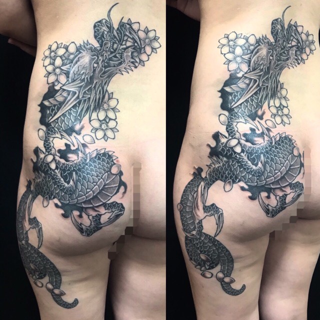 昇龍・桜花の刺青、和彫り(Japanese Tattoo・タトゥー)の画像