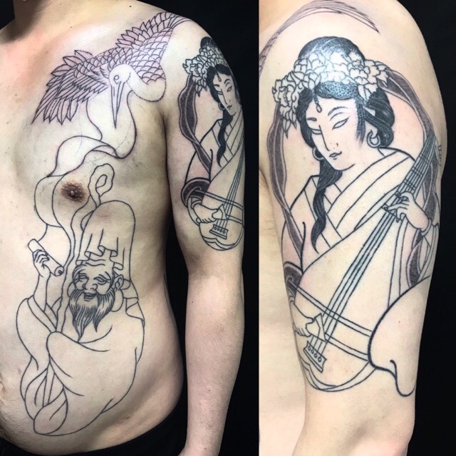 七福神・弁財天・福禄寿・鶴・胸割りの刺青、和彫り(Japanese Tattoo・タトゥー)の画像
