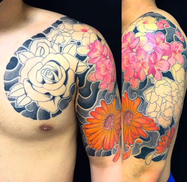 薔薇・寒緋桜・金盞花の刺青、和彫り(Japanese Tattoo・タトゥー)の画像