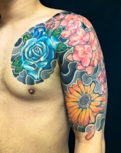 薔薇・寒緋桜・金盞花・五分袖の刺青、和彫り(Japanese Tattoo・タトゥー)の画像