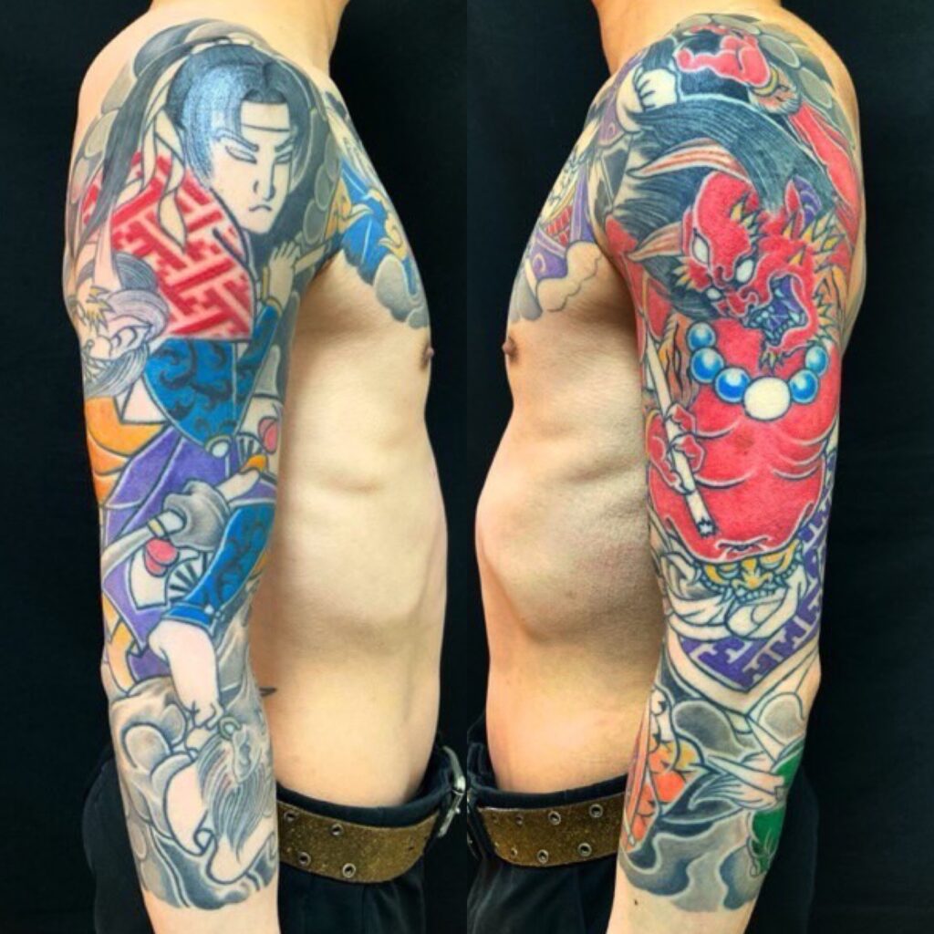 桃太郎の鬼退治・七分袖の刺青、和彫り(Japanese Tattoo・タトゥー)の画像