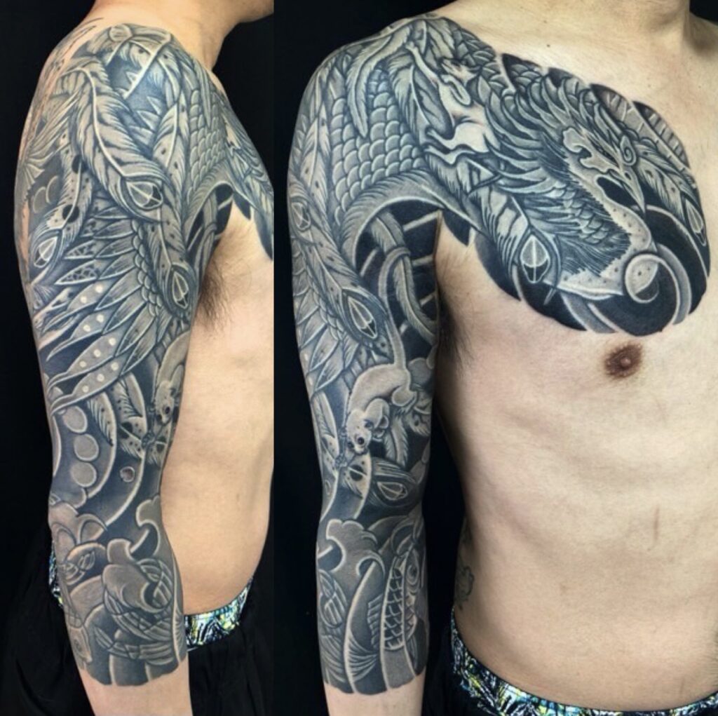鳳凰・スフィンクス・リスザル・金魚・七分袖の刺青、和彫り(Japanese Tattoo・タトゥー)の画像