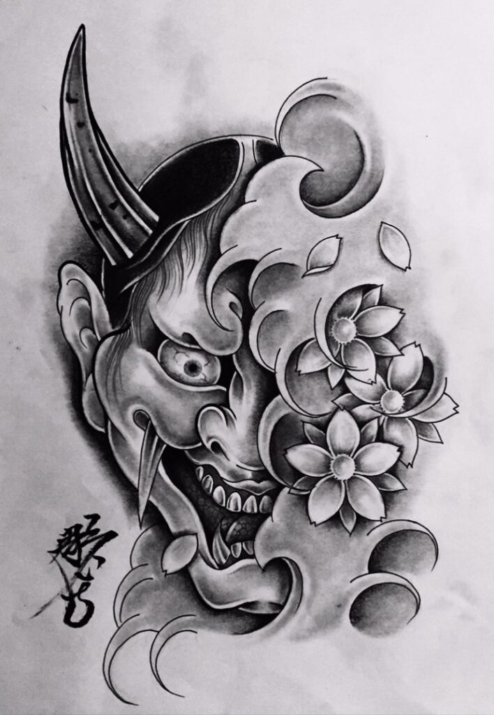 般若・桜花の刺青、和彫り(Japanese Tattoo・タトゥー)の下絵画像