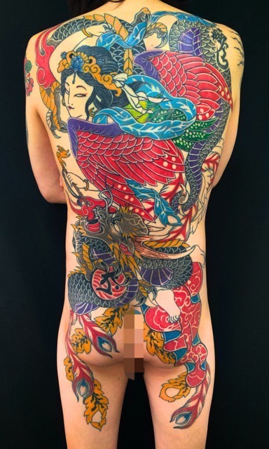 羽衣天女・昇龍・背中抜き彫りの刺青、和彫り(Japanese Tattoo・タトゥー)の画像