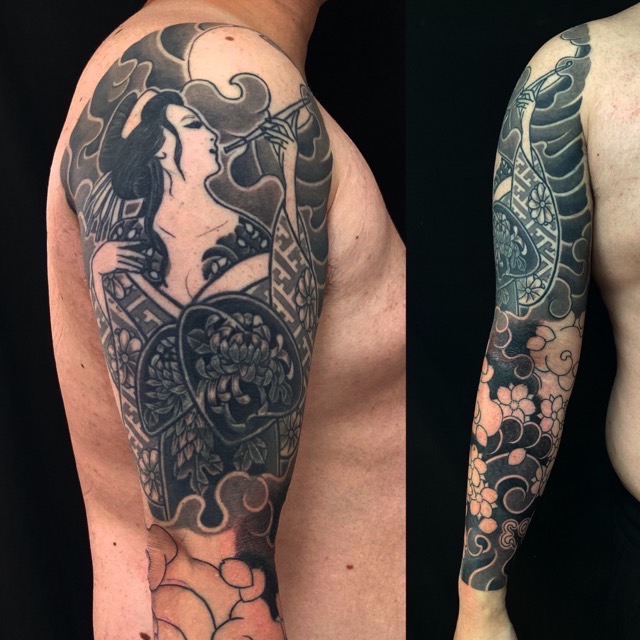 花魁・満月・桜花・カバーアップの刺青、和彫り(Japanese Tattoo・タトゥー)の画像