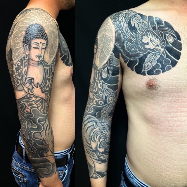 釈迦如来・朱雀・白虎の刺青、和彫り(Japanese Tattoo・タトゥー)の画像