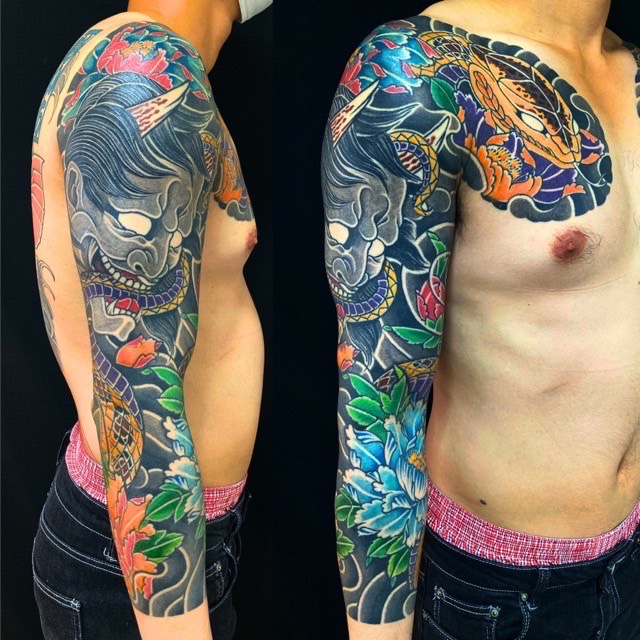 蛇・般若・牡丹散らしの刺青、和彫り(Japanese Tattoo・タトゥー)の画像