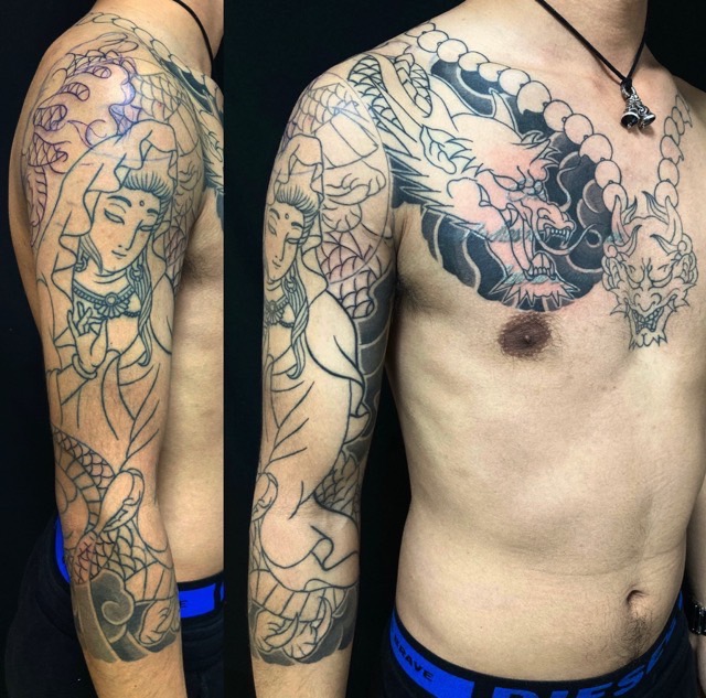 観世音菩薩・龍・鬼・数珠・カバーアップの刺青、和彫り(Japanese Tattoo・タトゥー)の画像