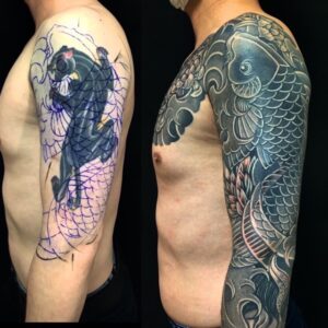 登り鯉・鬼・金魚・菊散らし・カバーアップの刺青、和彫り(Japanese Tattoo・タトゥー)の画像