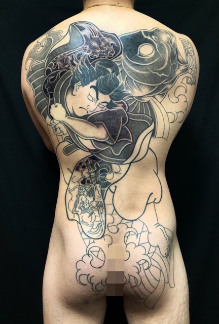 鬼若丸の怪魚退治の刺青、和彫り(Japanese Tattoo・タトゥー)の画像