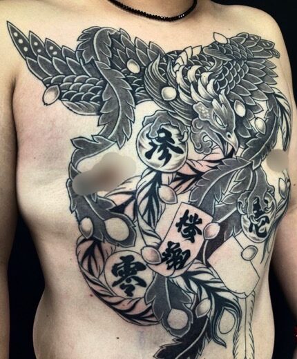 鳳凰・桜花弁・漢字水晶の刺青、和彫り(Japanese Tattoo・タトゥー)の画像