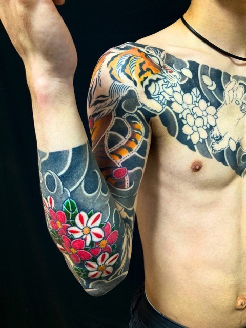 兎・虎・桜花の刺青、和彫り(Japanese Tattoo・タトゥー)の画像