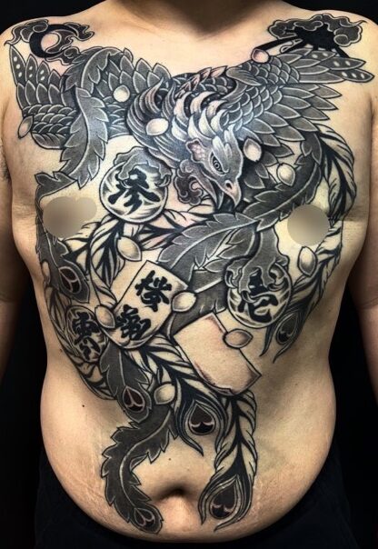 鳳凰・桜花弁・漢字・太陽・月の刺青、和彫り(Japanese Tattoo・タトゥー)の画像