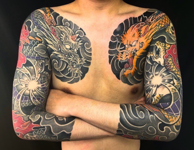 阿吽の龍・七分袖の刺青、和彫り(Japanese Tattoo・タトゥー)の画像