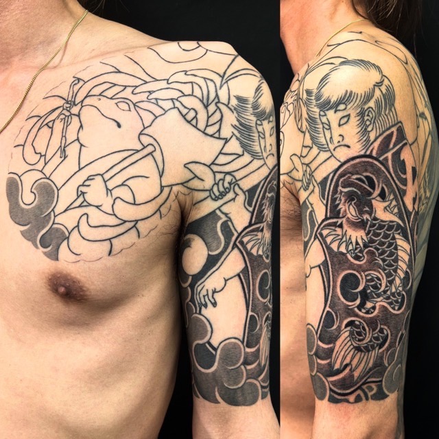 金太郎(登龍門)・蛙・菊の刺青、和彫り(Japanese Tattoo・タトゥー)の画像