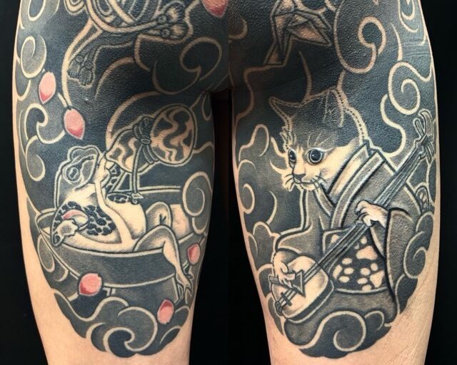 花魁・蛙・猫・満月・桜花弁・扇・鞠・折り紙の刺青、和彫り(Japanese Tattoo・タトゥー)の画像