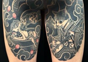 花魁・蛙・猫・満月・桜花弁・扇・鞠・折り紙の刺青、和彫り(Japanese Tattoo・タトゥー)の画像