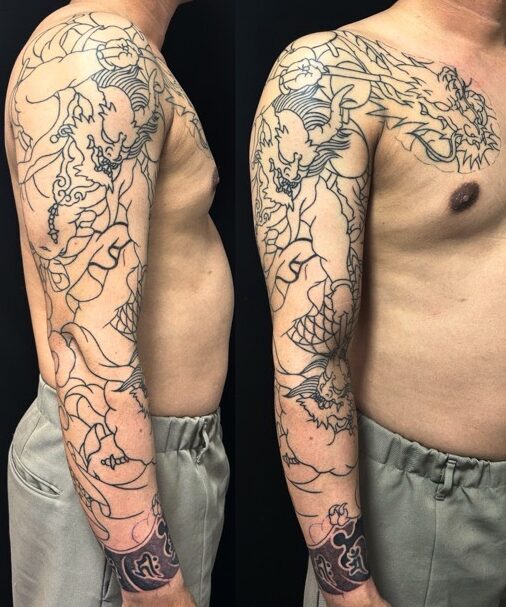 龍・風神・雷神(長袖)の刺青、和彫り(Japanese Tattoo・タトゥー)の画像