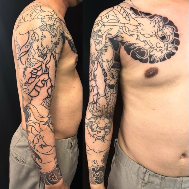 龍・風神雷神図・梵字(長袖)の刺青、和彫り(Japanese Tattoo・タトゥー)の画像