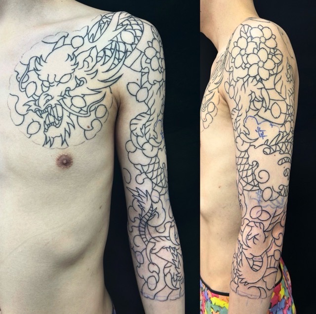 龍・桜花(七分袖)の刺青、和彫り(Japanese Tattoo・タトゥー)の画像