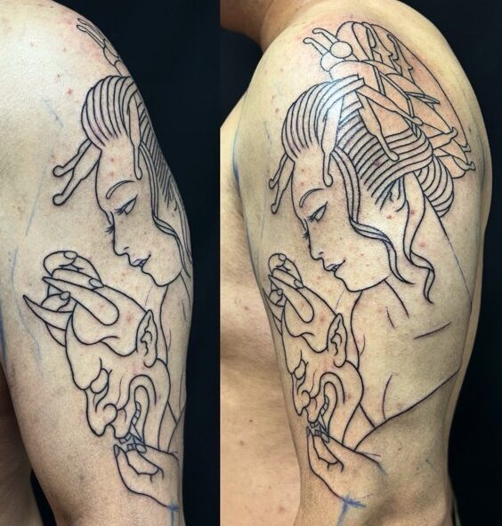 花魁・般若面のワンポイントTattoo(タトゥー)の画像