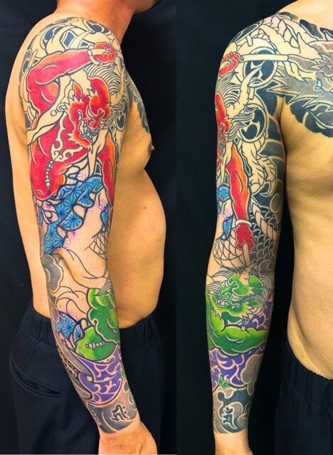 龍・風神雷神図(長袖)の刺青、和彫り(Japanese Tattoo・タトゥー)の画像