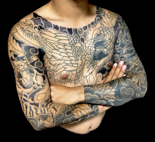 鳳凰・虎・菊散らし・カバーアップの刺青、和彫り(Japanese Tattoo・タトゥー)の画像