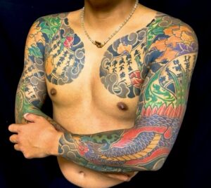 鳳凰・般若心経・牡丹(長袖)の刺青、和彫り(Japanese Tattoo・タトゥー)の画像