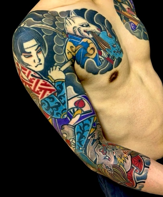 鬼ヶ島・桃太郎(七分袖)の刺青、和彫り(Japanese Tattoo・タトゥー)の画像