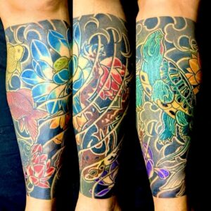 ガマガエル・亀・蓮の花(額彫り)のワンポイントTattoo(タトゥー)の画像