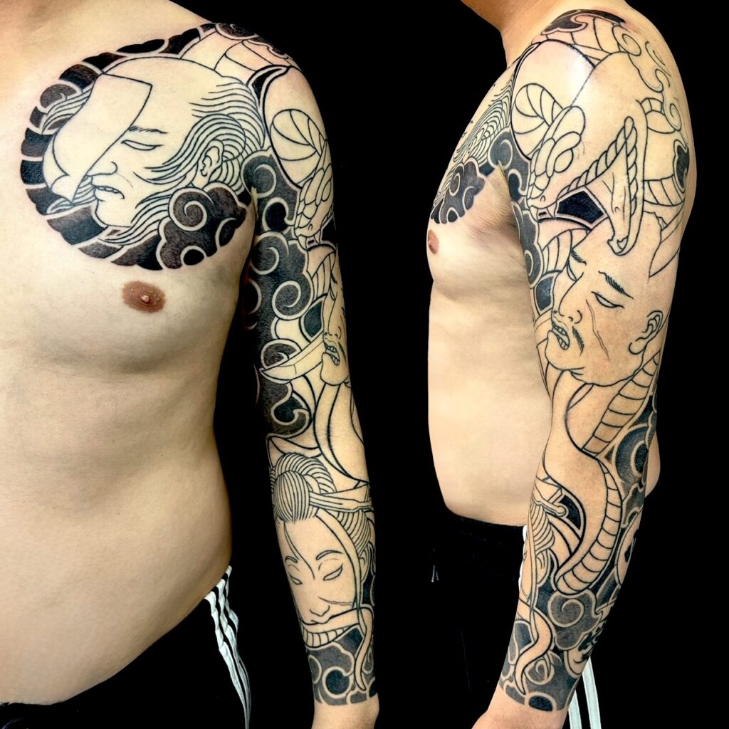 生首・蛇(額彫り長袖)の刺青、和彫り(Japanese Tattoo・タトゥー)の画像