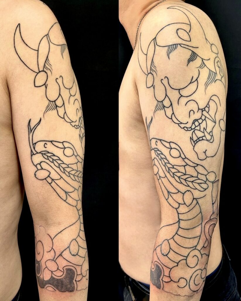 般若面・蛇・桜花(七分袖)の刺青、和彫り(Japanese Tattoo・タトゥー)の画像