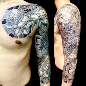 鳳凰・蓮の花(額彫り七分袖)のタトゥー・刺青・和彫画像