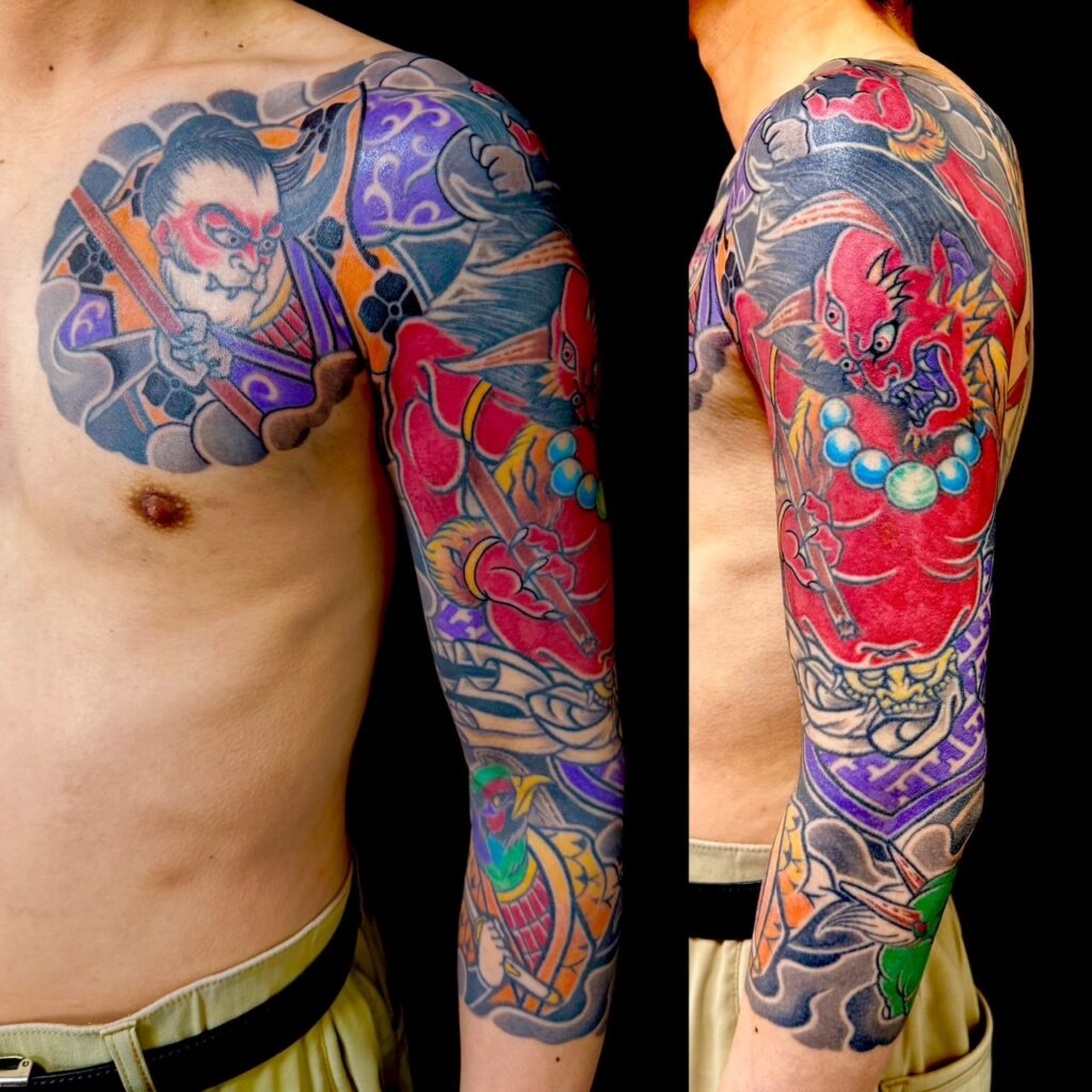 鬼ヶ島(額彫り七分袖)のタトゥー・刺青・和彫画像