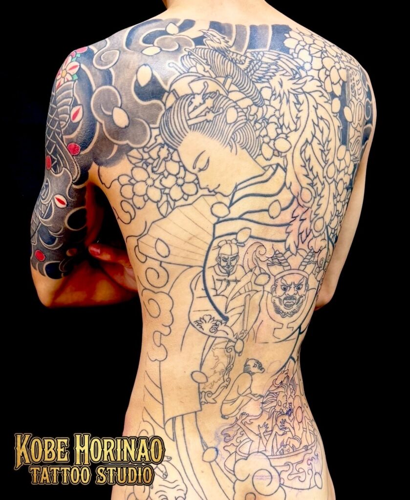 地獄太夫・一休・桜花(背中額彫り)のタトゥー・刺青・和彫画像