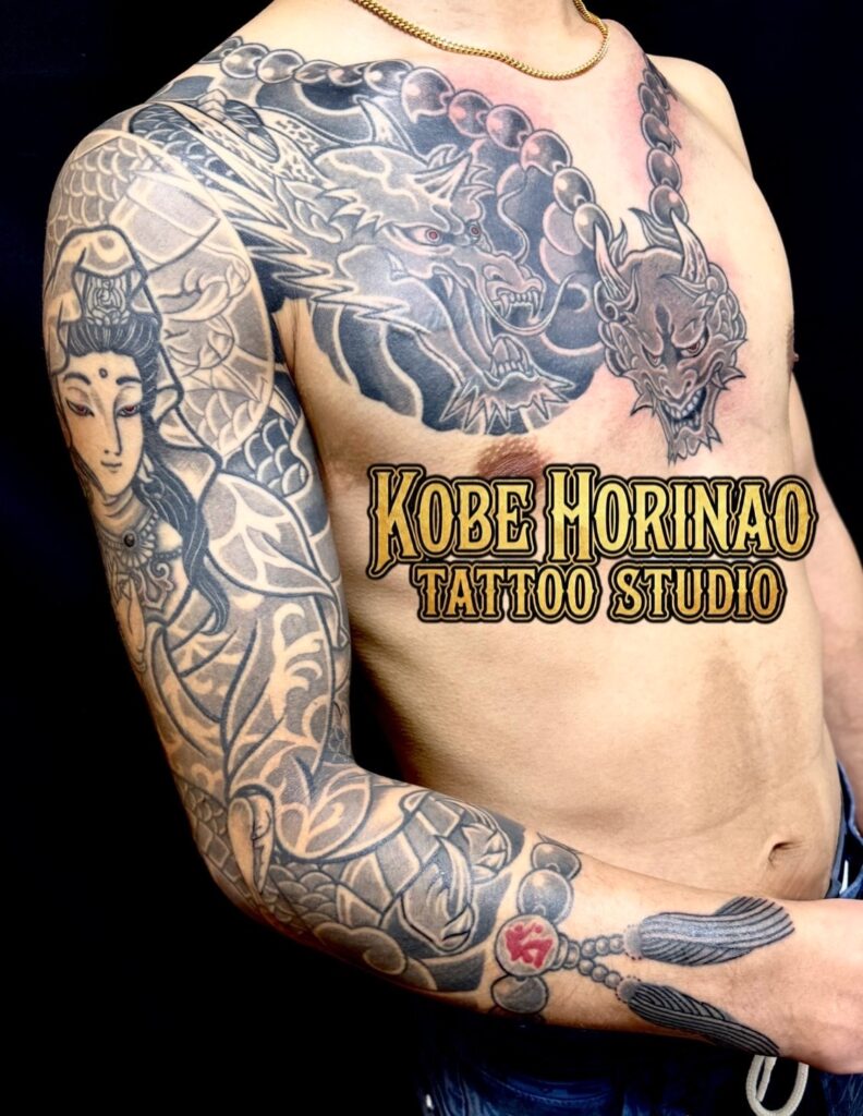 騎龍観世音菩薩・鬼・数珠・カバーアップのタトゥー・刺青・和彫画像