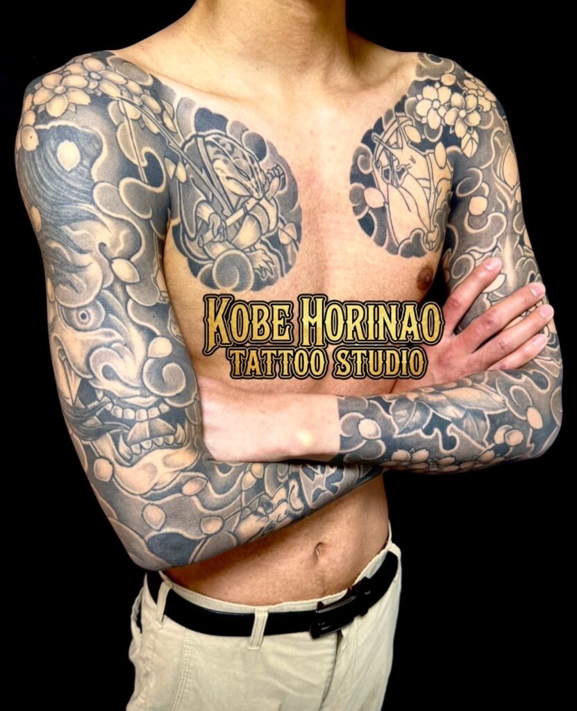 般若・鬼・三竦み・桜花(額彫り長袖)のタトゥー・刺青・和彫画像