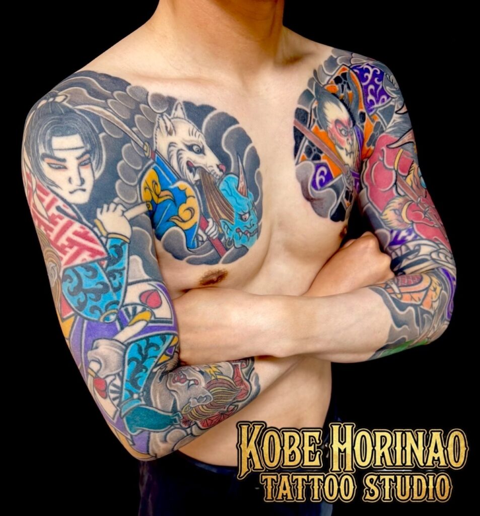 鬼ヶ島(額彫り七分袖)のタトゥー・刺青・和彫画像