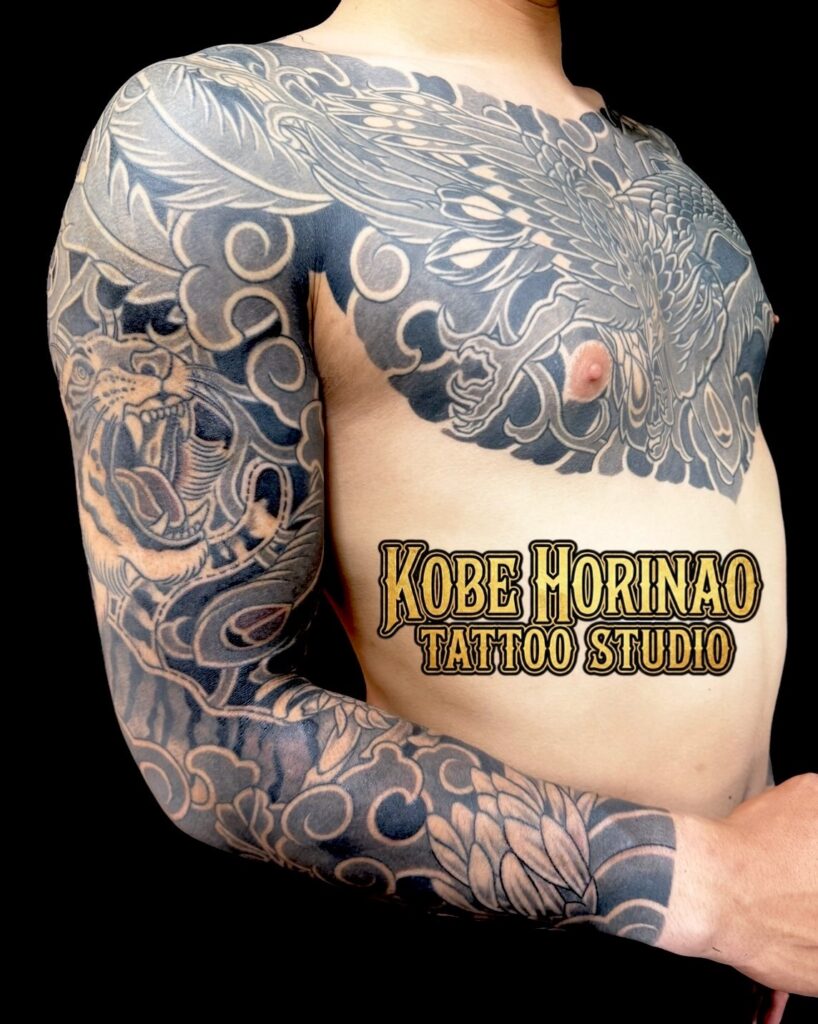 鳳凰・虎・菊(額彫り長袖)のタトゥー・刺青・和彫画像