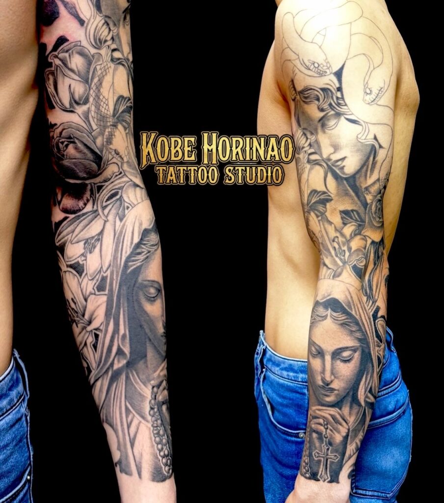 聖母マリア・メデューサ・百合・薔薇のワンポイントTattoo(タトゥー)の画像