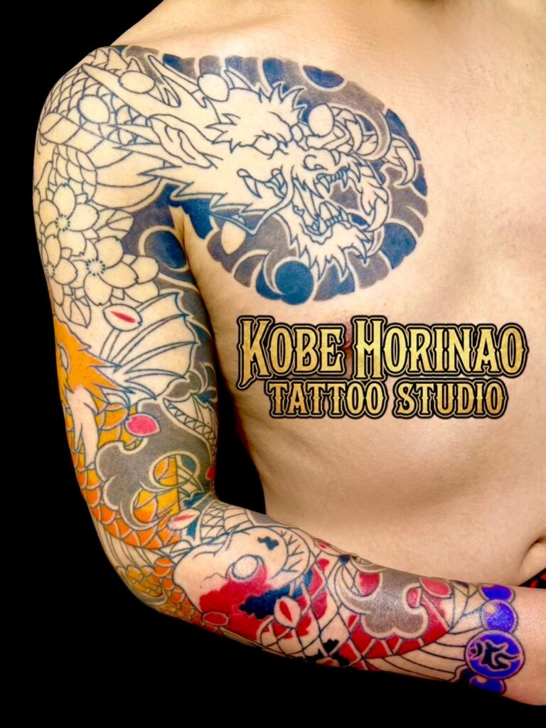 龍・登龍門・錦鯉・桜花・数珠のタトゥー・刺青・和彫画像